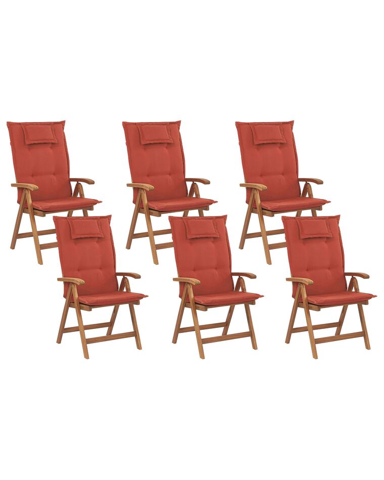 Set of 6 Acacia Wood Garden Folding Chairs with Red Cushions JAVA_786193