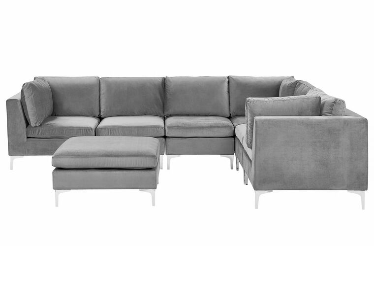 Left Hand 6 Seater Modular Velvet Corner Sofa with Ottoman Grey EVJA_789258
