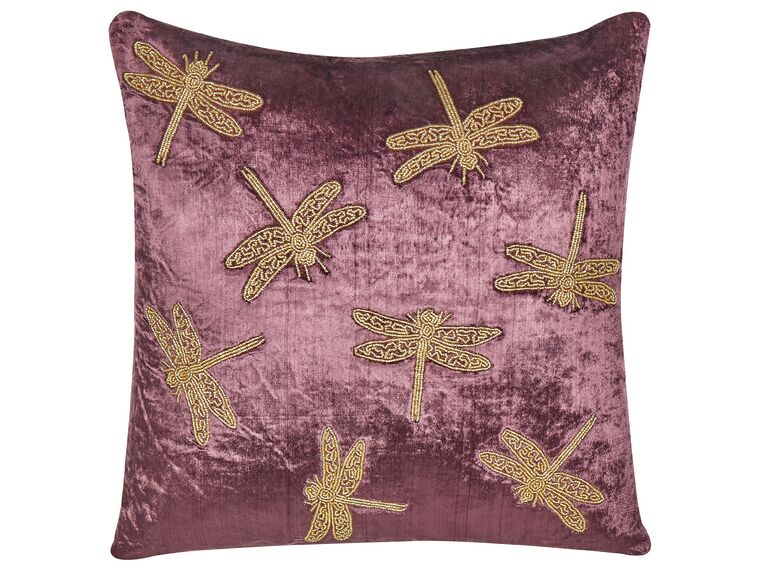 Embroidered Velvet Cushion Dragonfly Motif 45 x 45 cm Purple DAYLILY_892722