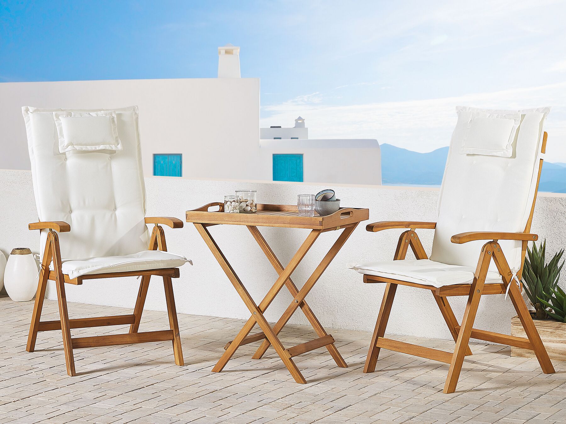 Balkonset Akazienholz hellbraun 2-Sitzer verstellbar Auflagen cremeweiß