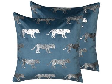 Set of 2 Velvet Cushions Tiger Motif 45 x 45 cm Blue BLUEBELL