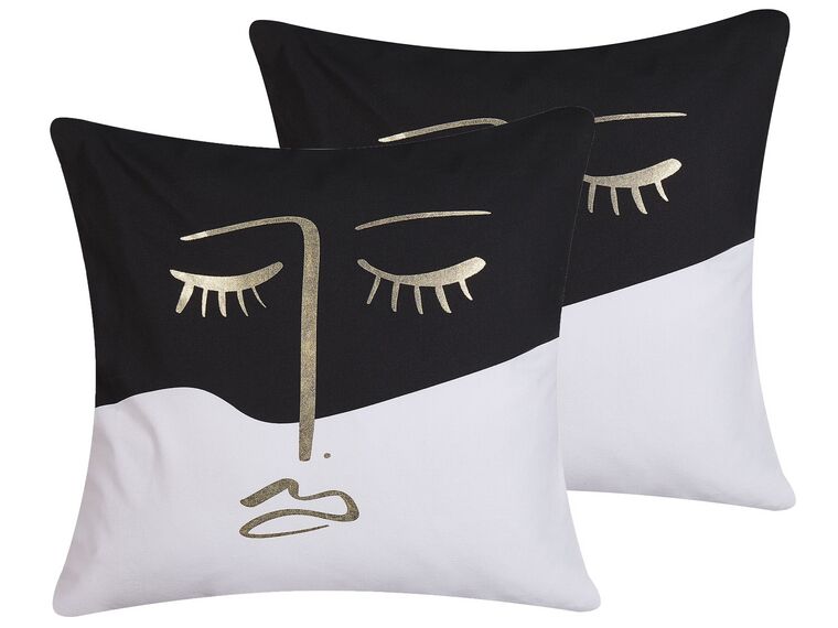 Set of 2 Cotton Cushions Face Print 45 x 45 cm Black and White ABELIA_801600