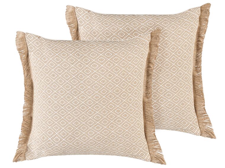 Set of 2 Fringed Cushions Geometric Pattern 45 x 45 cm Beige LONAR_801398