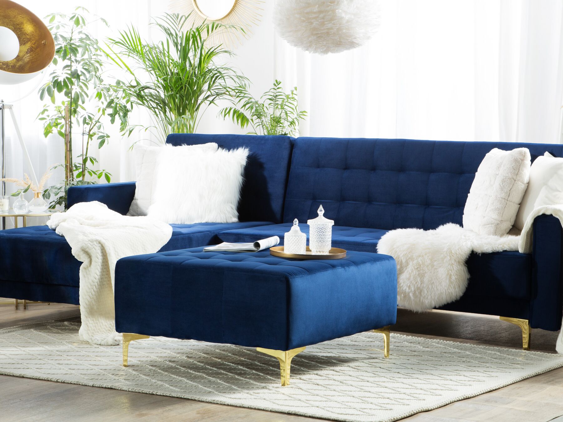 Right Hand Velvet Corner Sofa Navy Blue ABERDEEN | Beliani.co.uk