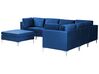Left Hand 6 Seater Modular Velvet Corner Sofa with Ottoman Blue EVJA_859797