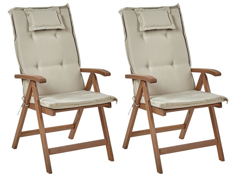 Conjunto 2 cadeiras de jardim em madeira escura de acácia com almofadas taupe AMANTEA_879719