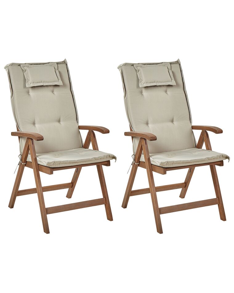 Set of 2 Acacia Wood Garden Folding Chairs Dark Wood with Taupe Cushions AMANTEA_879719