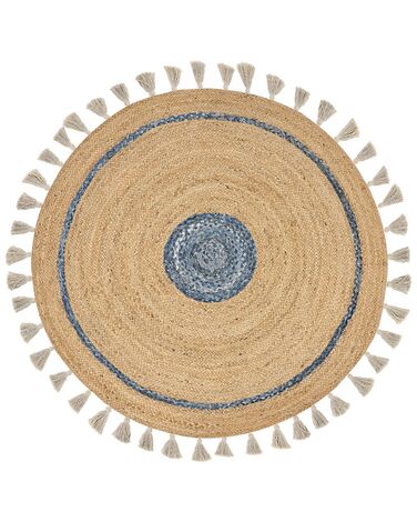Round Jute Area Rug ⌀ 140 cm Beige and Blue OBAKOY