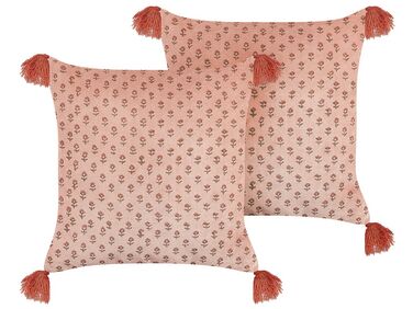 Set of 2 Velvet Cushions Floral Motif with Tassels 45 x 45 cm Pink RUMHORA
