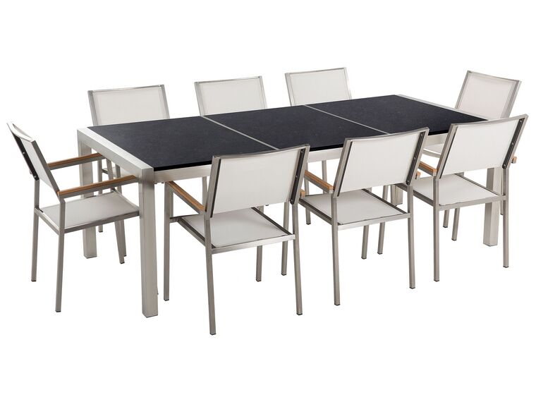 Conjunto de mesa com tampo triplo granito polido preto 220 x 100 cm e 8 cadeiras brancas GROSSETO_378491