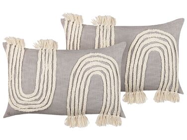 Set of 2 Embroidered Cotton Cushions 35 x 55 cm Grey and Beige OCIMUM