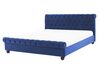Cama con somier de terciopelo azul marino/madera oscura 160 x 200 cm AVALLON_729052