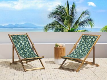 Set of 2 Acacia Folding Deck Chairs and 2 Replacement Fabrics Light Wood with Off-White / Olives Pattern ANZIO
