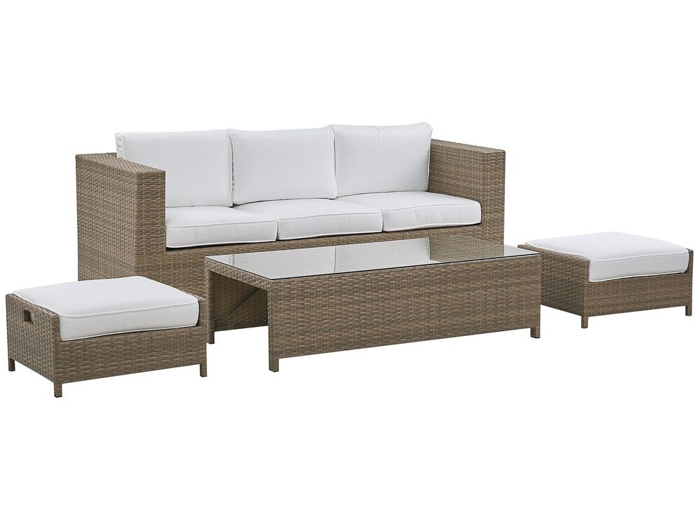 Lounge Set Rattan braun 5-Sitzer Auflagen weiss BELLUNO | Beliani.ch