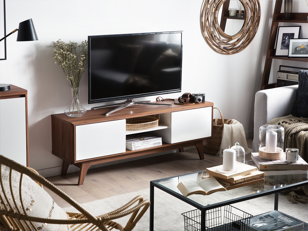 Meuble TV d'angle 2 portes 115 cm blanc et naturel