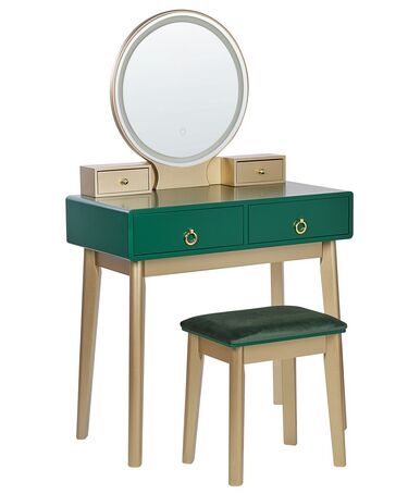 Toaletní stolek se 4 zásuvkami LED zrcadlem a stoličkou zelený/zlatý FEDRY