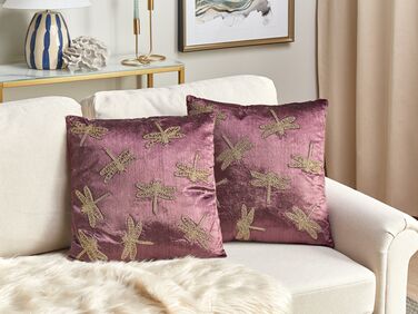 Set of 2 Embroidered Velvet Cushions Dragonfly Motif 45 x 45 cm Purple DAYLILY