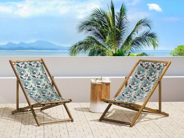 Set of 2 Acacia Folding Deck Chairs and 2 Replacement Fabrics Light Wood with Off-White / Pelican Pattern ANZIO