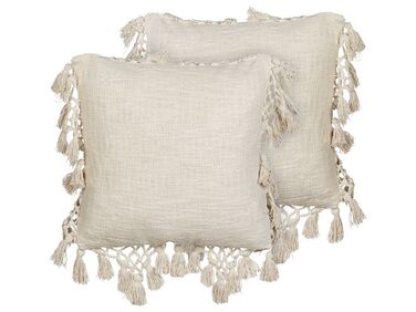 Set of 2 Cotton Cushions with Tassels 45 x 45 cm Beige OLEARIA