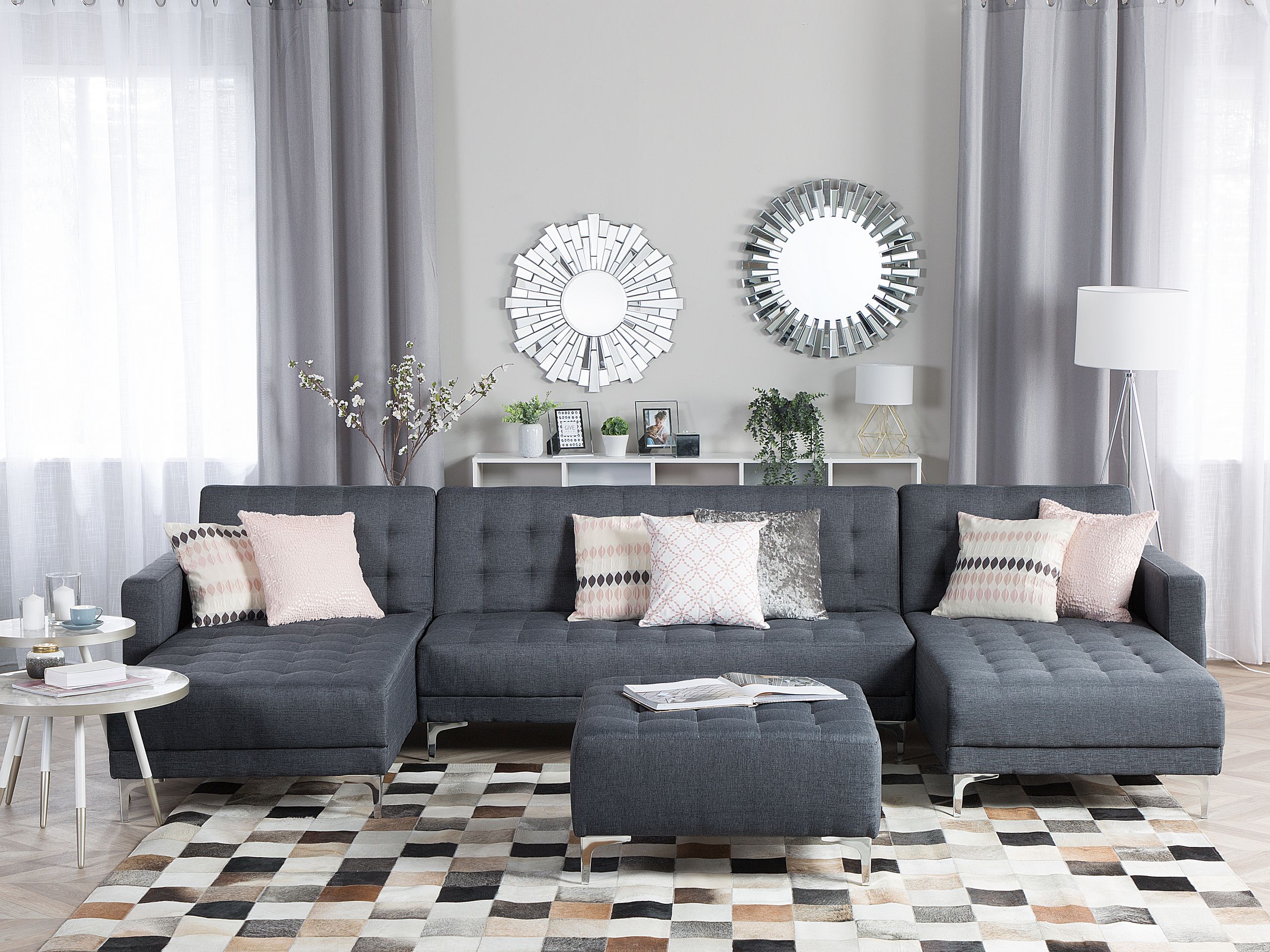 Sofá-cama em forma de U de 5 lugares com repousa-pés em tecido cinzento escuro ABERDEEN