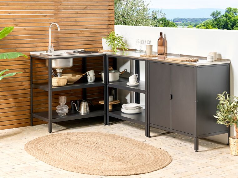 Steel Outdoor Kitchen Island with Sink Black VILAMA Beliani.co.uk