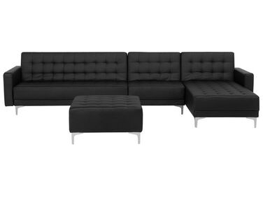 Left Hand Modular Faux Leather Sofa with Ottoman Black ABERDEEN