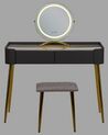 Konsolbord med 2 skuffer, LED spejl og skammel grå og guld SURIN_845536