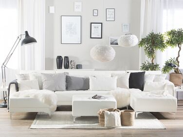 5-seters sofa  med sovefunksjon + fotskammel kunstskinn hvit ABERDEEN