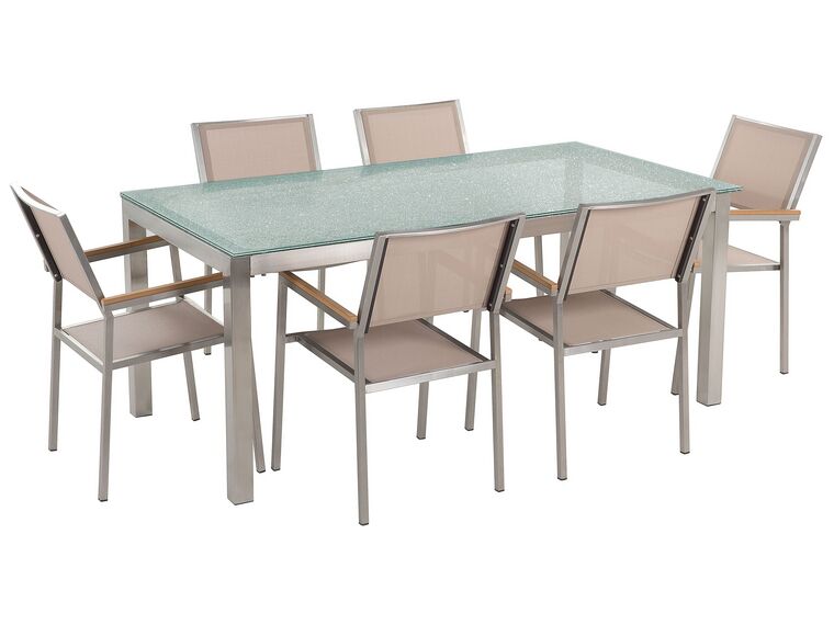 Sada záhradného nábytku stôl s bielou sklenenou doskou 180 x 90 cm 6 béžových stoličiek GROSSETO_725210