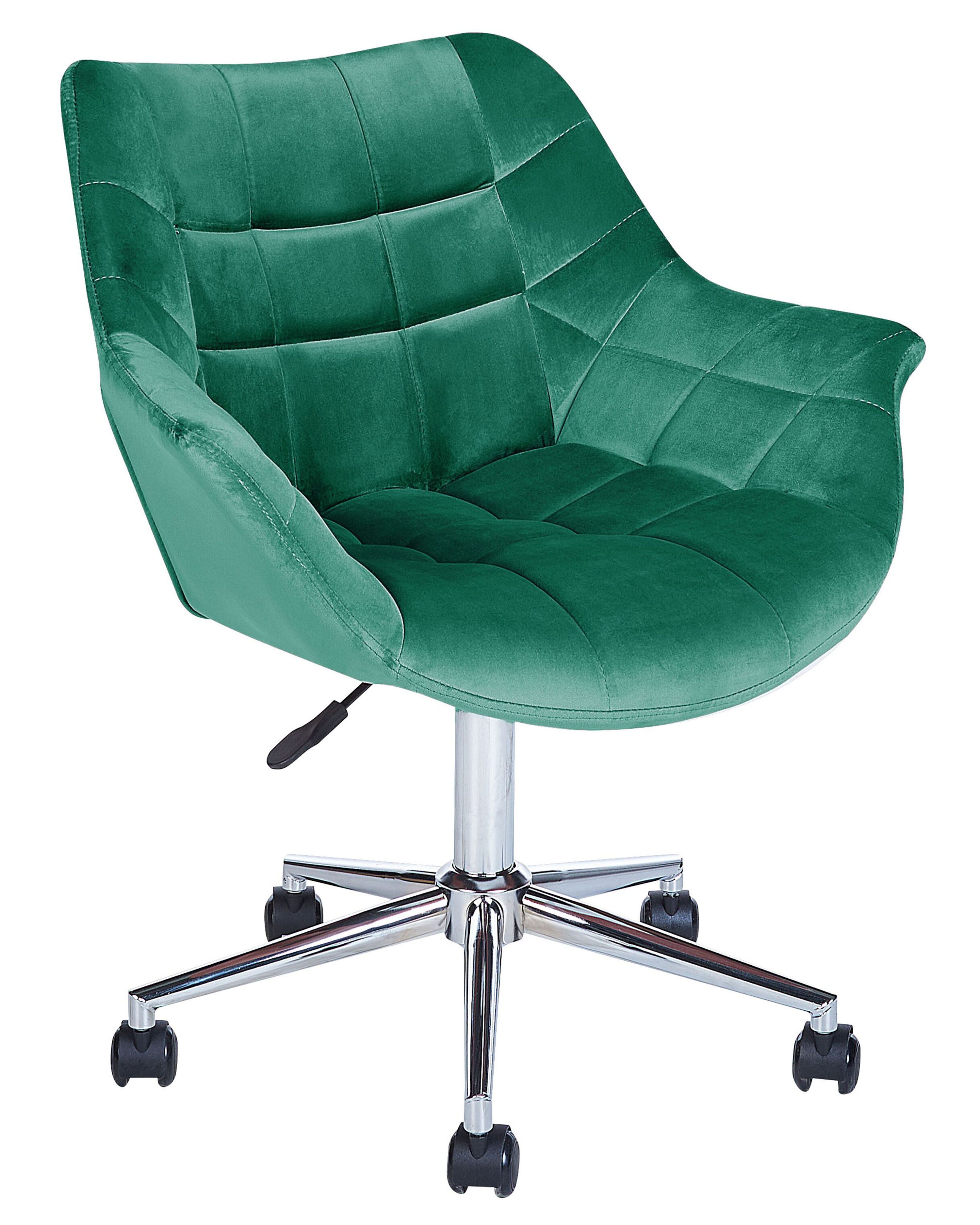 Um quarto com uma secretária e uma cadeira com uma cadeira verde e uma  secretária com uma estante.