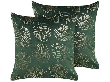 Set of 2 Velvet Cushions Leaf Pattern 45 x 45 cm Dark Green MONSTERA