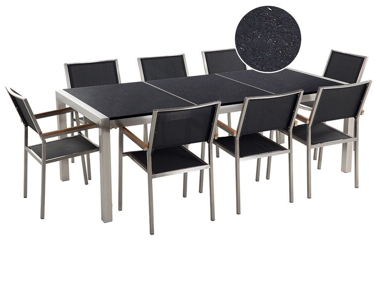 Nyolcszemélyes fekete osztott asztallapú étkezőasztal fekete textilén székekkel GROSSETO_453211