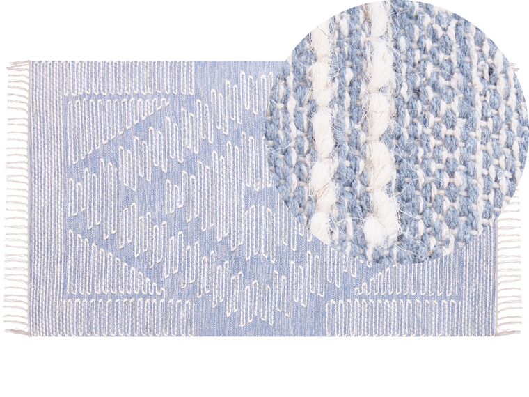 Teppich Baumwolle blau / cremeweiß 80 x 150 cm geometrisches Muster Kurzflor ANSAR_861014
