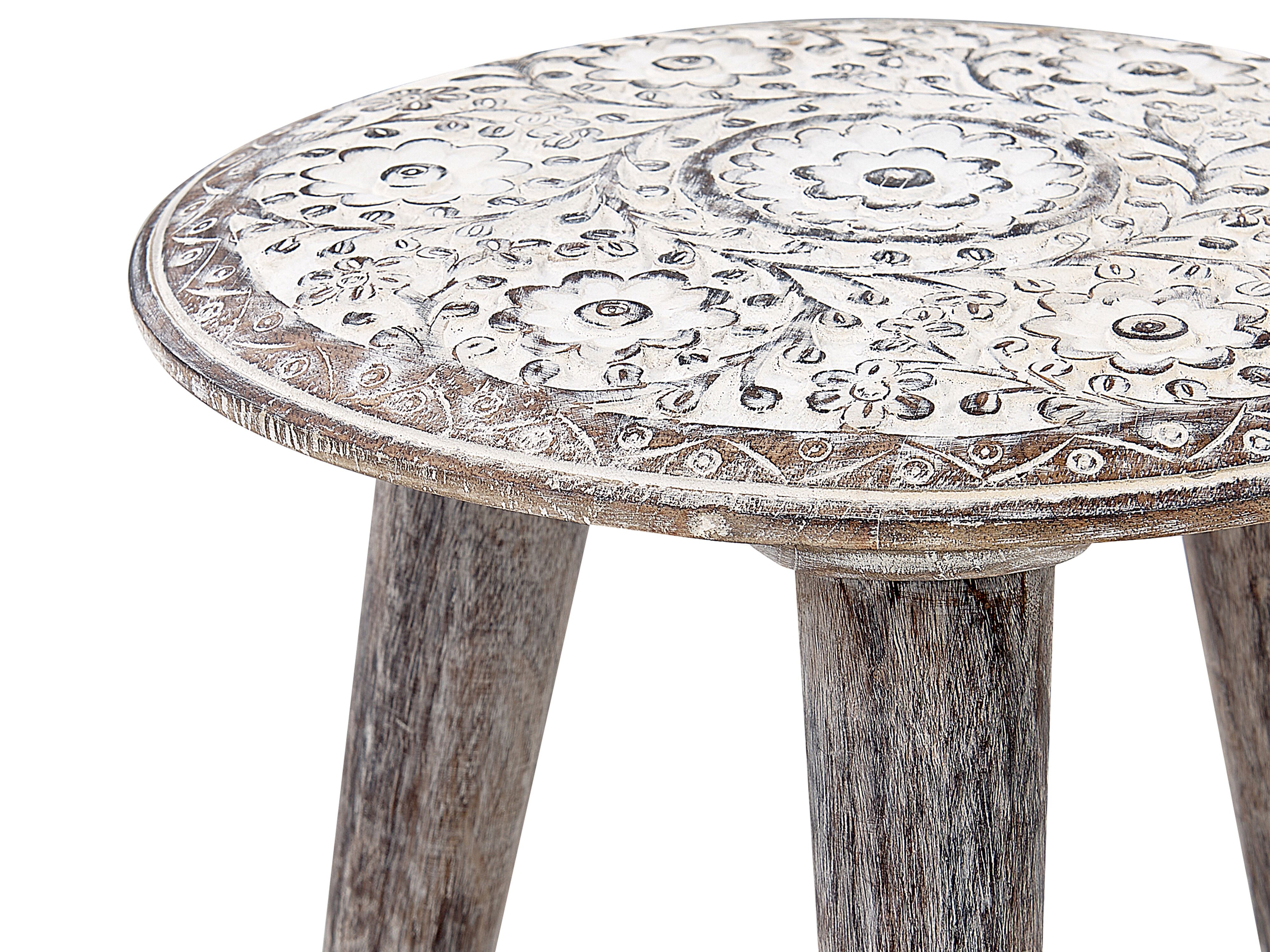 Table D’Appoint Ronde Bois De Manguier Blanc Cassé – Guéridon Sculpté Vintage, Style Rétro Pour Salon Ou Chambre