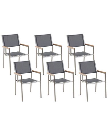 Conjunto de 6 sillas de jardín de poliéster/acero gris/plateado/madera clara GROSSETO