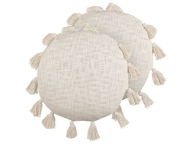 Set of 2 Cotton Cushions with Tassels ⌀ 45 cm Beige MADIA