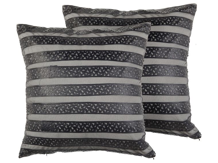 Set of 2 Faux Leather Cushions Striped 45 x 45 cm Black LUNARIA_769486
