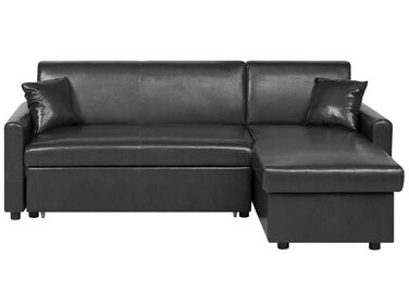 Left Hand Faux Leather Corner Sofa Bed with Storage Black OGNA
