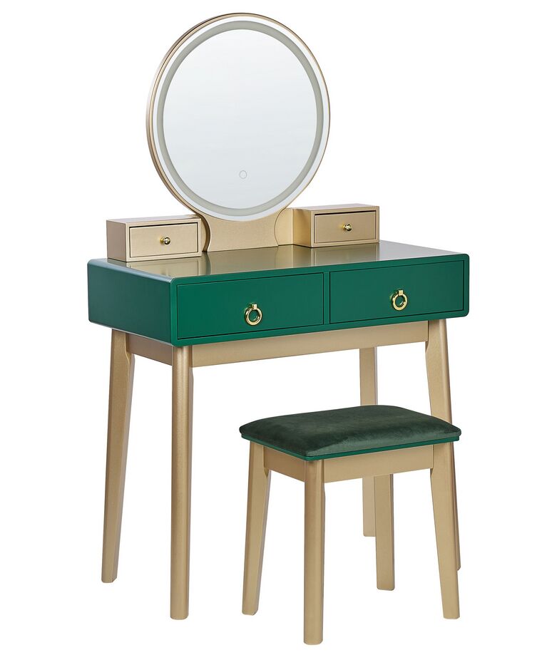 Sminkbord 80 x 40 cm med pall och LED-spegel grön/guld FEDRY_844776