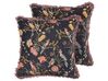 Set of 2 Velvet Fringed Cushions with Flower Pattern 45 x 45 cm Black and Pink MORUS_838751