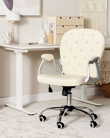 Swivel Faux Leather Office Chair Beige with Crystals PRINCESS
