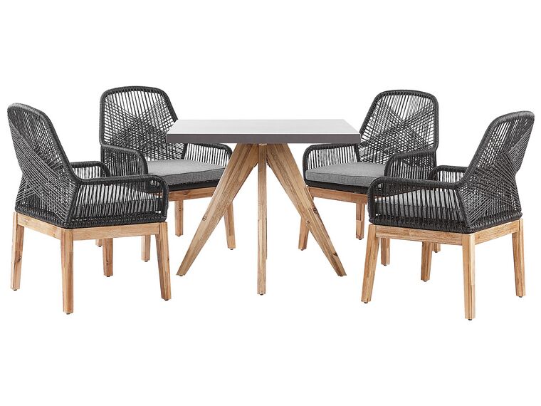 Set de jardin table carrée en fibre-ciment gris et 4 chaises noires OLBIA_809620