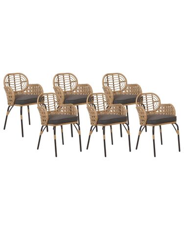 Conjunto de 6 cadeiras de jardim em rattan cor natural com almofadas PRATELLO