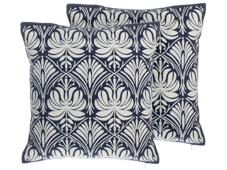 Set of 2 Cotton Cushions Damask Pattern 45 x 45 cm White and Blue NEMESIA_769158