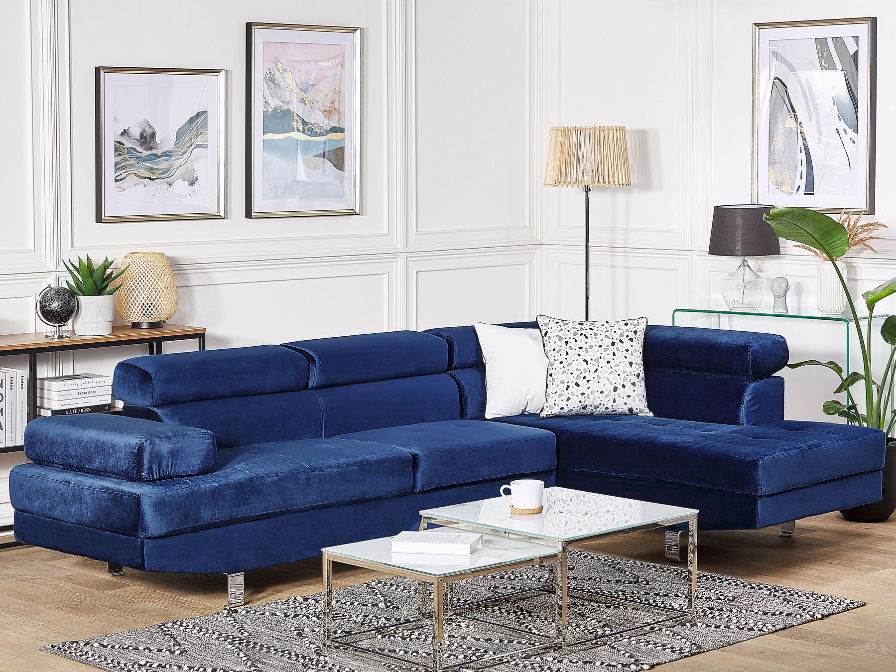 Left Hand Corner Velvet Sofa Navy Blue NORREA Beliani.co.uk