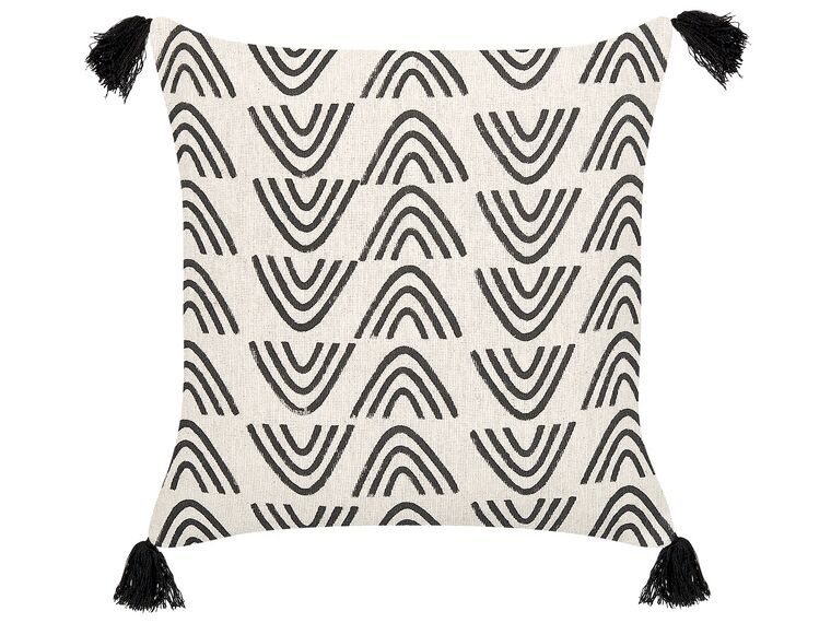Dekokissen geometrisches Muster Baumwolle cremeweiß / schwarz mit Quasten 45 x 45 cm MAYS_838831