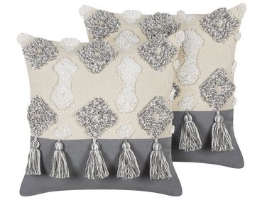 Set of 2 Tufted Cotton Cushions with Tassels 45 x 45 cm Beige and Grey ALOCASIA