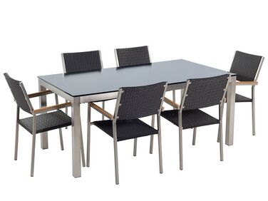 Conjunto de mesa com tampo em vidro preto 180 x 90 cm e 6 cadeiras rattan sintético GROSSETO