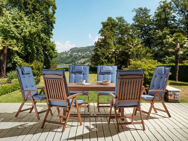 6 Seater Acacia Wood Garden Dining Set with Blue Cushions AMANTEA