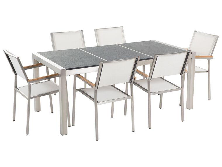 Set di tavolo e 6 sedie da giardino in acciaio basalto e fibra tessile bianca nero fiammato 180 cm GROSSETO_395777